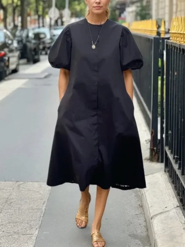 Women Summer Casual Dress 2025 New Trendy Round-neck Green Black Simple Short Sleeves A-line Mini Dresses for Woman - Image 4