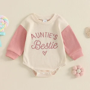 Newborn Baby Girl Clothes Long Sleeve Aunties Bestie Embroidery Romper Waffle Bodysuit Shirt Fall Outfits