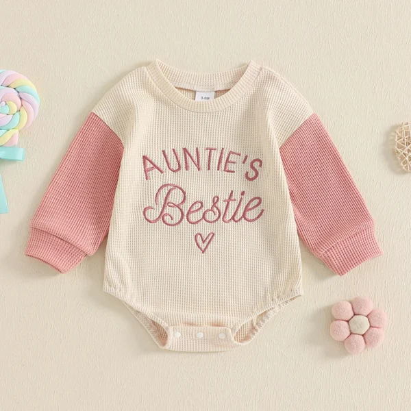 Newborn Baby Girl Clothes Long Sleeve Aunties Bestie Embroidery Romper Waffle Bodysuit Shirt Fall Outfits