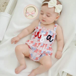 Infant Girls Independence Day Dress Sleeveless Ruffle Smocked Romper Matching Headband Set Baby Clothing for 4th of July