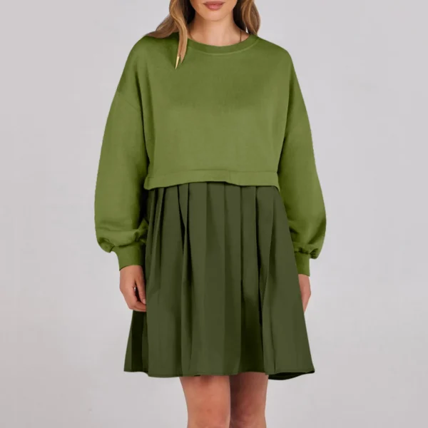 Women Sweatshirt Dress Long Sleeve Patchwork Crewneck Pullover Loose Fit Babydoll Tops Baggy Pleated Sweatshirts Mini Dresses - Image 7