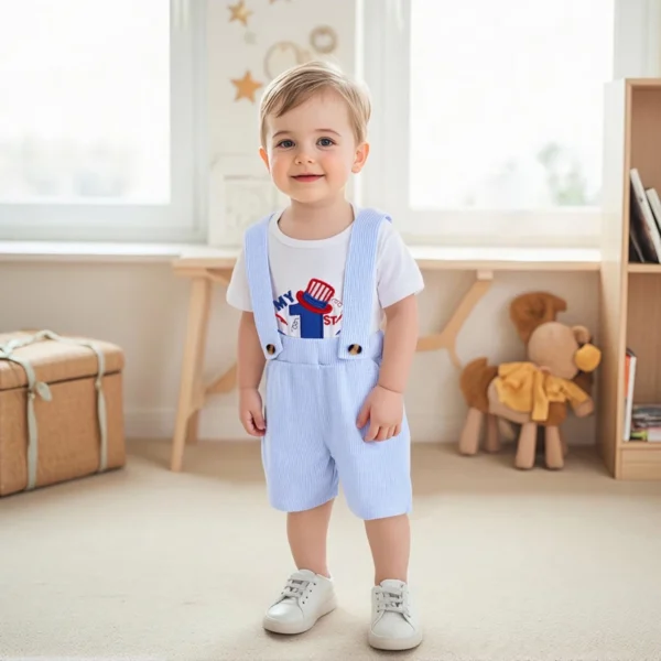 Infant Boys Independence Day Outfits Short Sleeve American Flag Romper Suspender Shorts Set Baby Clothing for 4th of July - Image 2