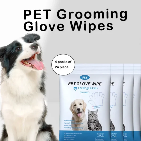 4 packs of 24 pieces，Pet gloves wet wipes - Special disposable cleaning wet wipes for pets, gentle and non-irritating