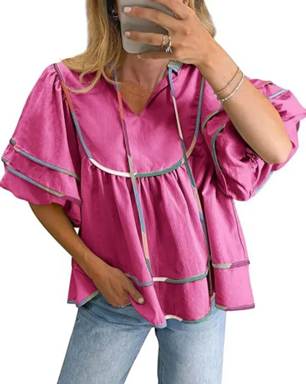 Women's Summer Cotton Babydoll Tops Lantern Short Sleeve Shirt Flowy Pleated Tie Neck Peplum Blouse Going Out Crop Tops - Image 7