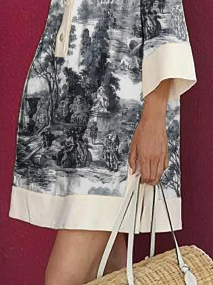 2025 Spring Summer Women Vintage Printed Party Evening Mini Dresses Long Sleeves Loose Lapel Short Shirts Dress - Image 3