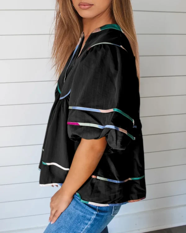 Women's Summer Cotton Babydoll Tops Lantern Short Sleeve Shirt Flowy Pleated Tie Neck Peplum Blouse Going Out Crop Tops - Image 13