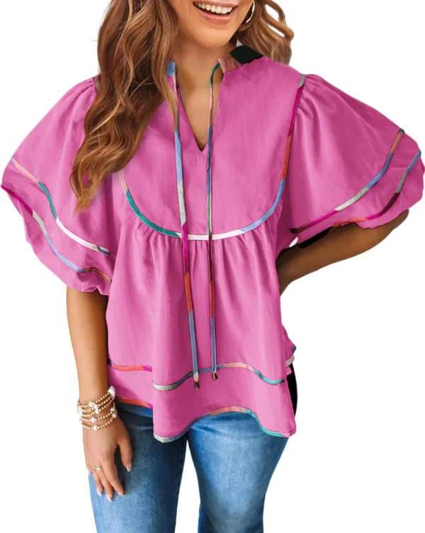 Women's Summer Cotton Babydoll Tops Lantern Short Sleeve Shirt Flowy Pleated Tie Neck Peplum Blouse Going Out Crop Tops - Image 17