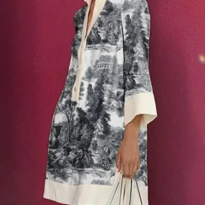 2025 Spring Summer Women Vintage Printed Party Evening Mini Dresses Long Sleeves Loose Lapel Short Shirts Dress