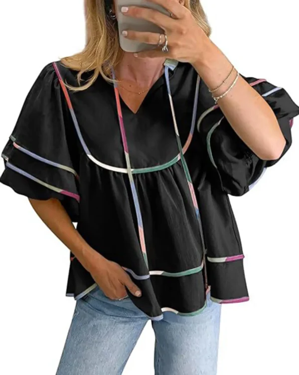 Women's Summer Cotton Babydoll Tops Lantern Short Sleeve Shirt Flowy Pleated Tie Neck Peplum Blouse Going Out Crop Tops - Image 8