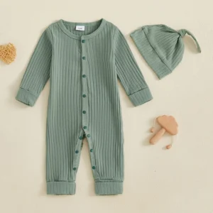 Infant 2-Piece Autumn Ensemble Cozy Knit Romper with Beanie Set Baby Clothing for Newborns