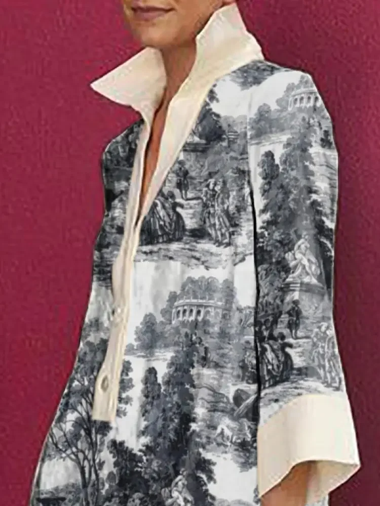 2025 Spring Summer Women Vintage Printed Party Evening Mini Dresses Long Sleeves Loose Lapel Short Shirts Dress - Image 2