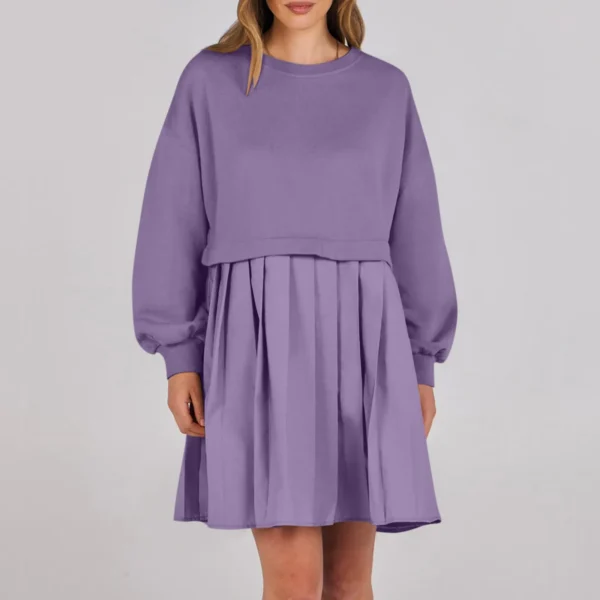 Women Sweatshirt Dress Long Sleeve Patchwork Crewneck Pullover Loose Fit Babydoll Tops Baggy Pleated Sweatshirts Mini Dresses - Image 13