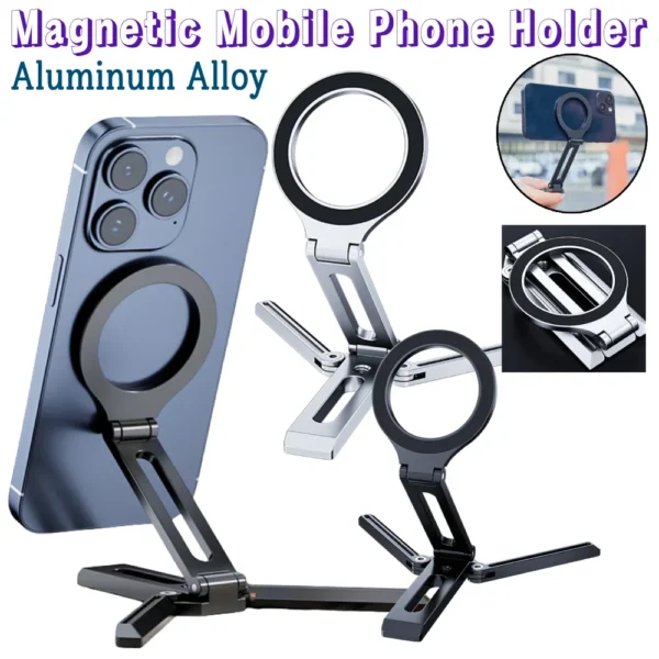 Magnetic Phone Tripod Aluminum Alloy Foldable Phone Stand Portable Desktop Phone Mount for Cell Phone Video Recording Travel - Image 2