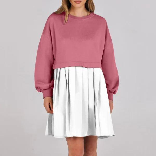 Women Sweatshirt Dress Long Sleeve Patchwork Crewneck Pullover Loose Fit Babydoll Tops Baggy Pleated Sweatshirts Mini Dresses - Image 14