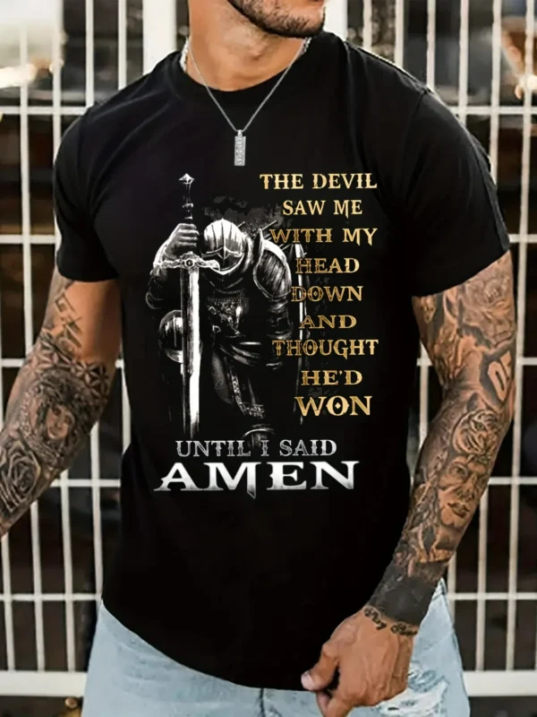 [Cotton Graphic Tee] 100% Cotton Men's Knight & Slogan Graphic Tee | Breathable Crew Neck T-Shirt with Medieval Soldier Design - Image 2