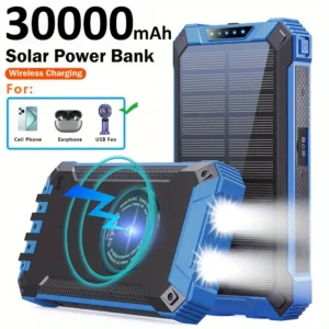 30000mAh Solar Mobile Power Bank Wireless Charger Built-in 4 Cables Six Outputs 15W Fast Charging Mobile Power Bank Suitable For