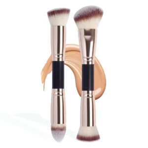 2pcs Double-Ended Foundation Brush Set - Round, Flat Beveled Ends, Soft Nylon Bristles ABS Handle, Unscented Universal Skin Type