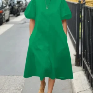 Women Summer Casual Dress 2025 New Trendy Round-neck Green Black Simple Short Sleeves A-line Mini Dresses for Woman