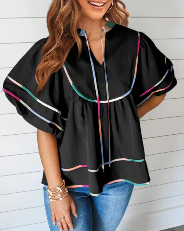 Women's Summer Cotton Babydoll Tops Lantern Short Sleeve Shirt Flowy Pleated Tie Neck Peplum Blouse Going Out Crop Tops - Image 12