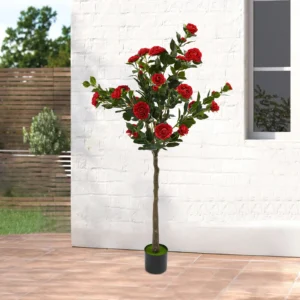 Artificial Plants Decoration, Artificial Camellia Tree, Potted Bonsai Camellia Plant in Pot with Red Flowers, Fake Plant
