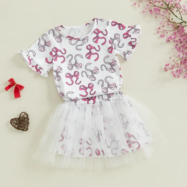 Infant Girls 2-Piece Summer Set with Short Sleeve Bow Print Top and Tulle Skirt - Adorable Baby Clothing for Warm Weather - Image 7