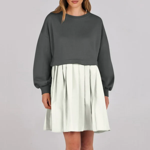 Women Sweatshirt Dress Long Sleeve Patchwork Crewneck Pullover Loose Fit Babydoll Tops Baggy Pleated Sweatshirts Mini Dresses - Image 12