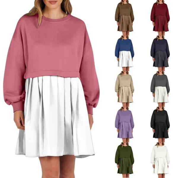 Women Sweatshirt Dress Long Sleeve Patchwork Crewneck Pullover Loose Fit Babydoll Tops Baggy Pleated Sweatshirts Mini Dresses - Image 2