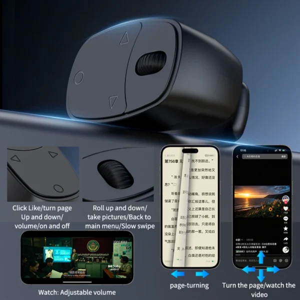 Fingertip Remote Control Bluetooth Scrolling Ring with Phone Stand Wireless Camera Shutter Selfie Button Digital Page Turner - Image 3