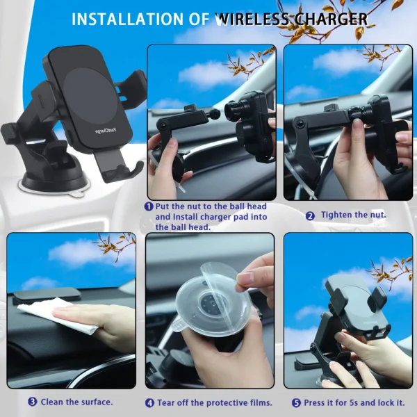 Wireless Car Charger, 15W Fast Charging Auto Clamping Car Charger, windshield, Dashboard, air Vent Phone Mount Phone Holder - Image 6