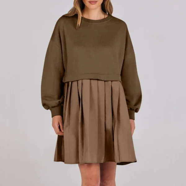 Women Sweatshirt Dress Long Sleeve Patchwork Crewneck Pullover Loose Fit Babydoll Tops Baggy Pleated Sweatshirts Mini Dresses - Image 8