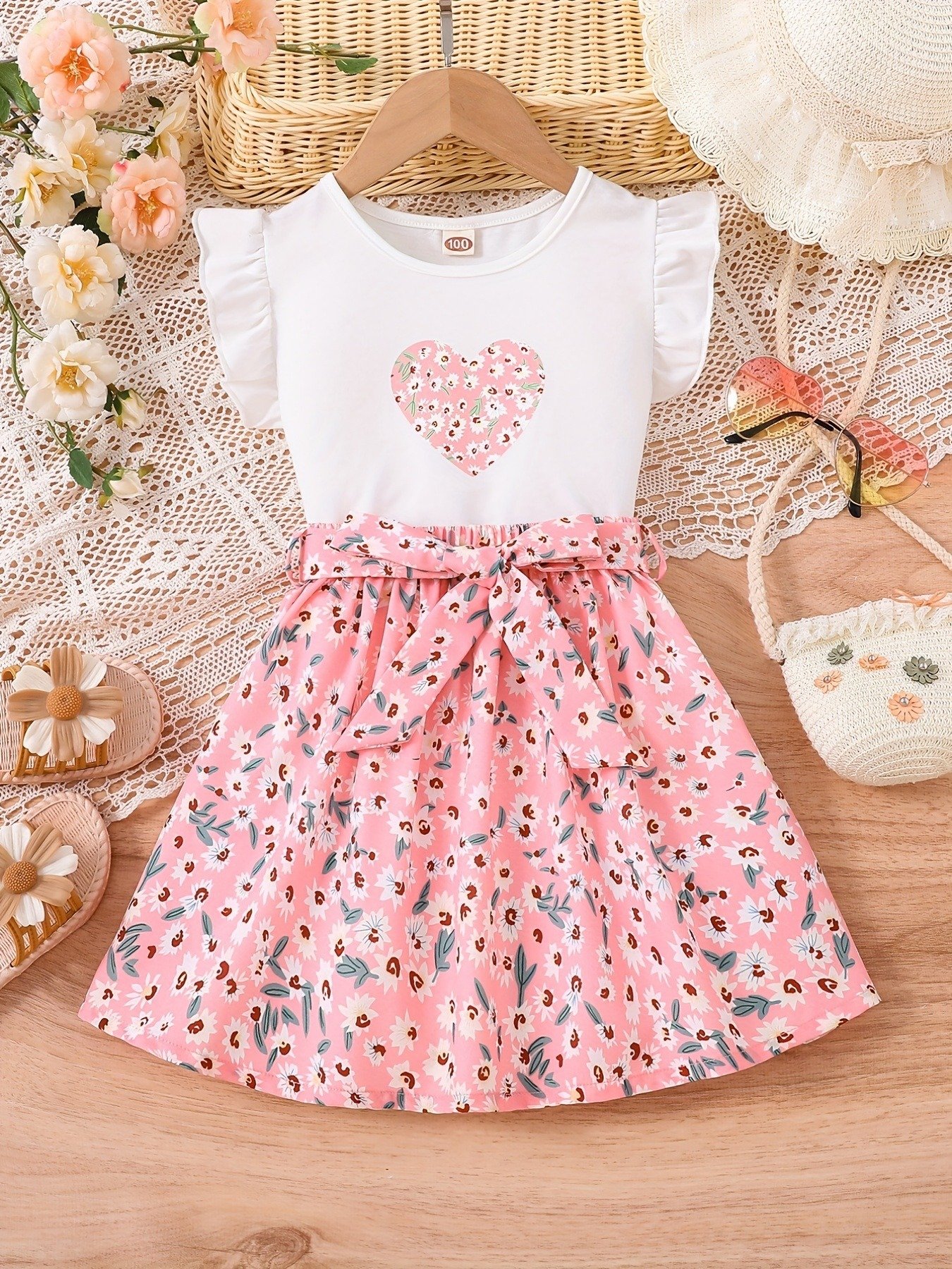 2pcs Toddler Girls Floral Heart Graphic Ruffle Trim T-Shirts Top & Belted Skirt Set Kids Summer Clothes