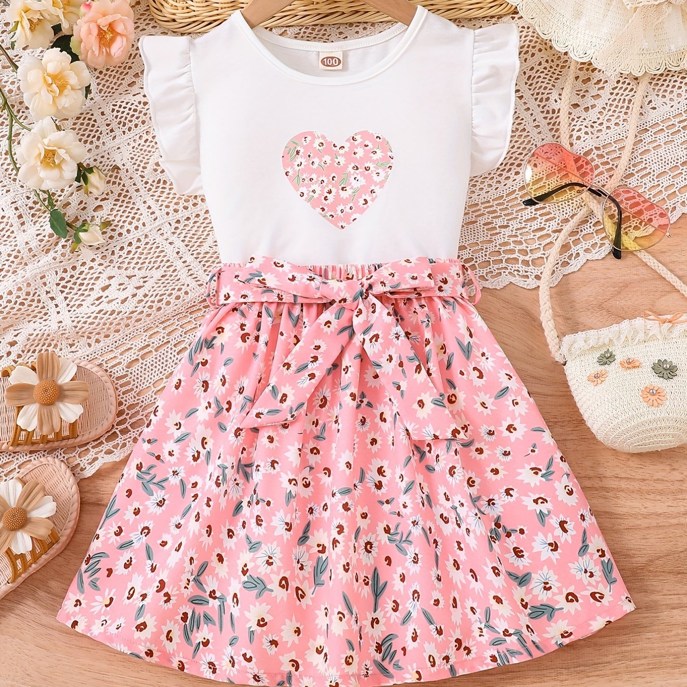 2pcs Toddler Girls Floral Heart Graphic Ruffle Trim T-Shirts Top & Belted Skirt Set Kids Summer Clothes - Image 7