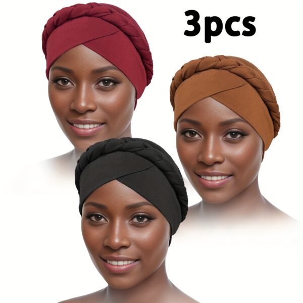 3pcs/set Vintage Braided Boho Head Wraps - Elastic and Breathable Forehead Turban Hats for Women - Perfect for Ramadan, Chemo, and Everyday Wear - Image 3