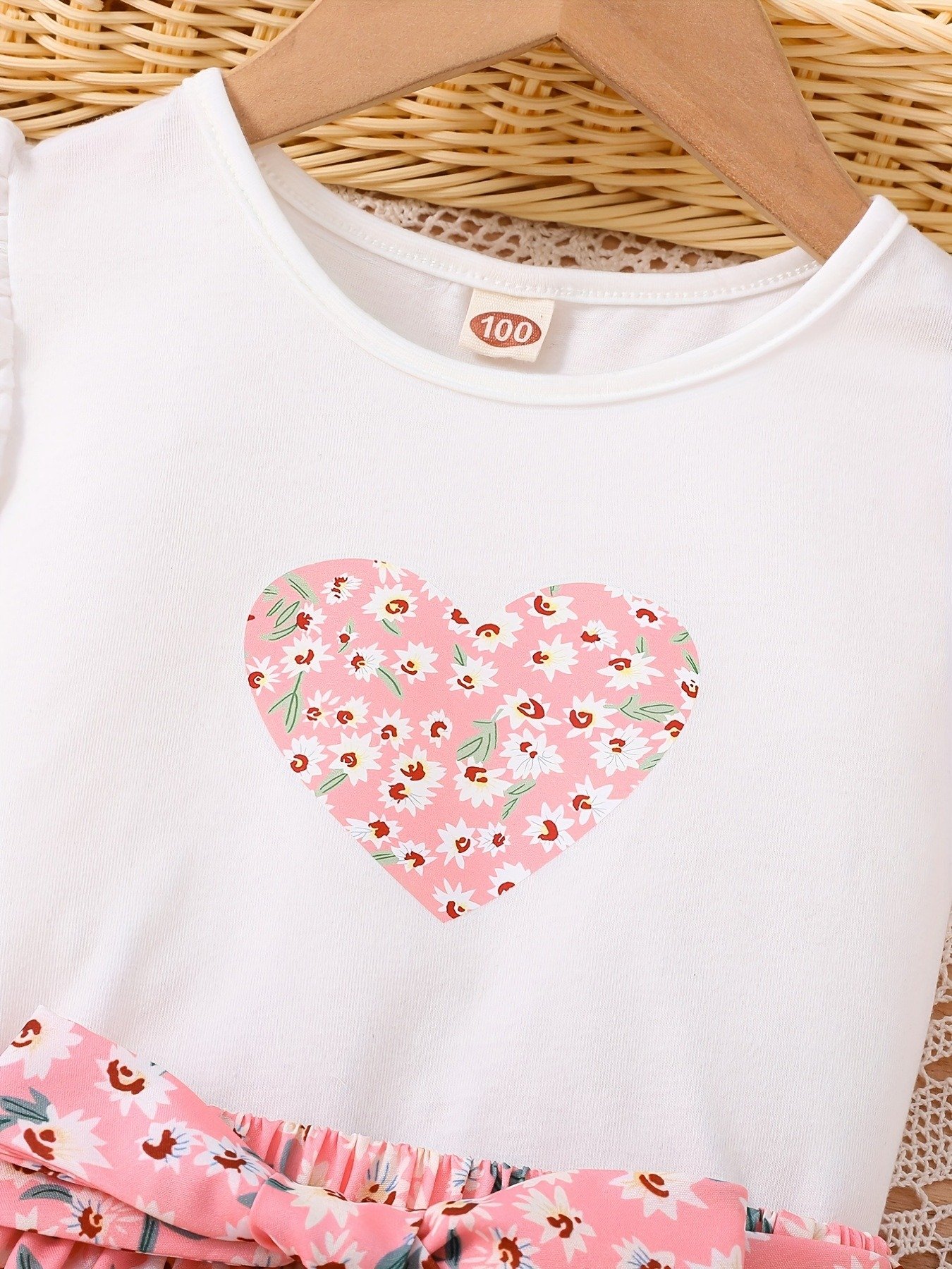 2pcs Toddler Girls Floral Heart Graphic Ruffle Trim T-Shirts Top & Belted Skirt Set Kids Summer Clothes - Image 3