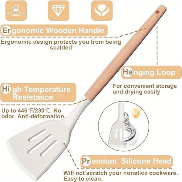 33 Pc Kitchen Utensil Set, Silicone and Easy to Clean Wooden Cooking Utensils for Nonstick Cookware, Kitchen Gadgets and Spatula Set - Image 5