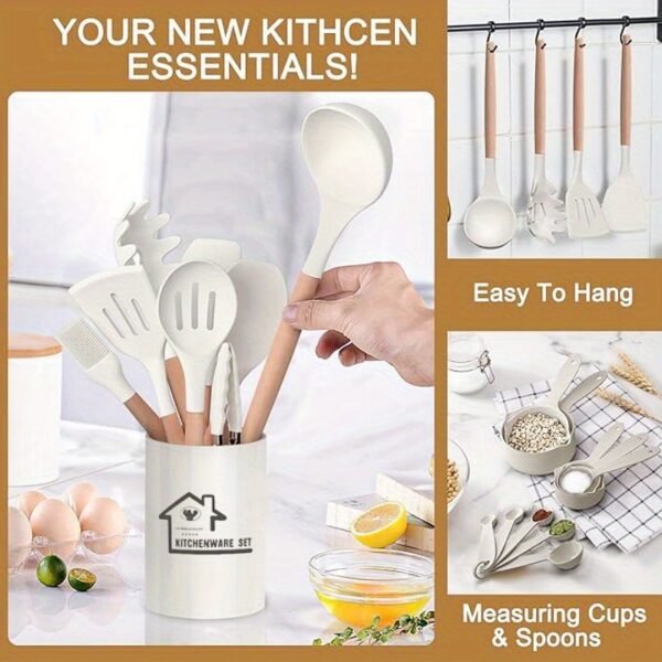 33 Pc Kitchen Utensil Set, Silicone and Easy to Clean Wooden Cooking Utensils for Nonstick Cookware, Kitchen Gadgets and Spatula Set - Image 8