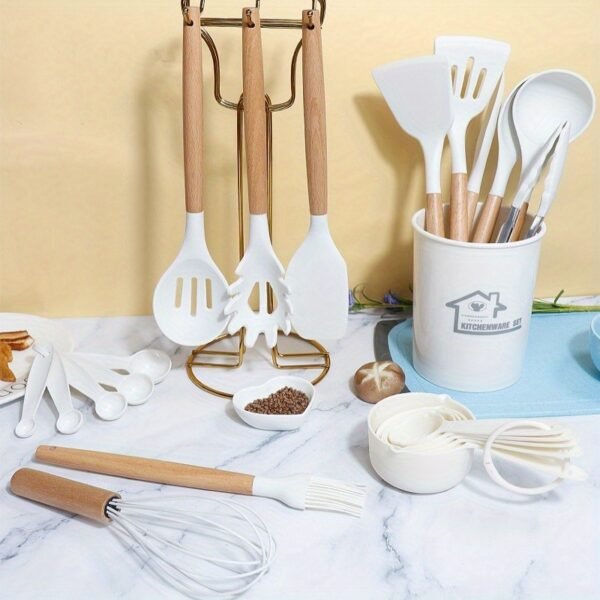 33 Pc Kitchen Utensil Set, Silicone and Easy to Clean Wooden Cooking Utensils for Nonstick Cookware, Kitchen Gadgets and Spatula Set - Image 2