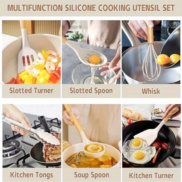 33 Pc Kitchen Utensil Set, Silicone and Easy to Clean Wooden Cooking Utensils for Nonstick Cookware, Kitchen Gadgets and Spatula Set - Image 9