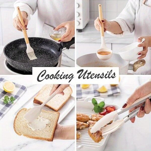 33 Pc Kitchen Utensil Set, Silicone and Easy to Clean Wooden Cooking Utensils for Nonstick Cookware, Kitchen Gadgets and Spatula Set - Image 11