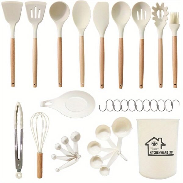 33 Pc Kitchen Utensil Set, Silicone and Easy to Clean Wooden Cooking Utensils for Nonstick Cookware, Kitchen Gadgets and Spatula Set - Image 6