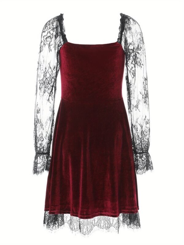 Women Dress, Solid Color Lace Stitching V-Neck Long Flare Sleeve One-Piece for Halloween Party - Image 5