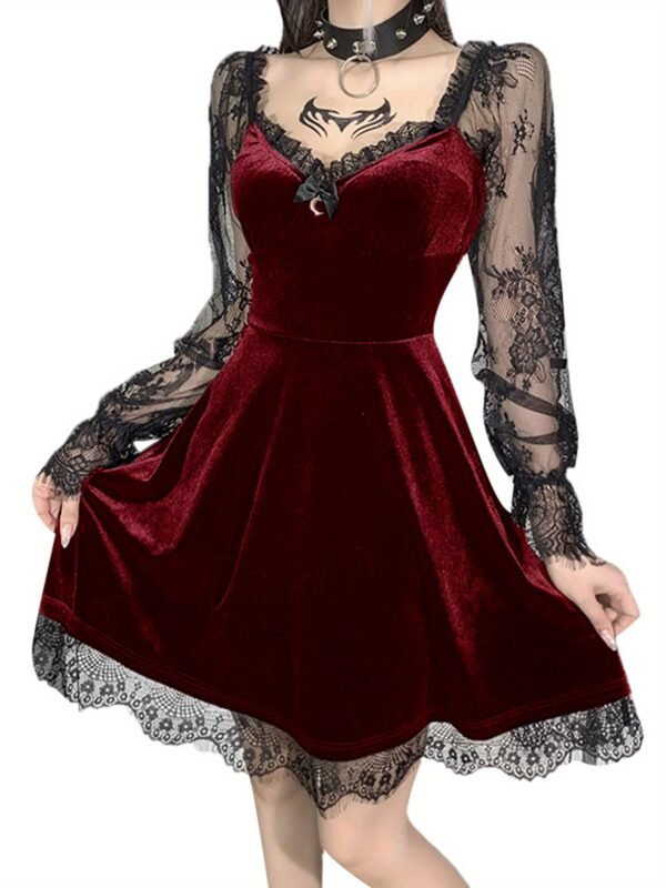 Women Dress, Solid Color Lace Stitching V-Neck Long Flare Sleeve One-Piece for Halloween Party