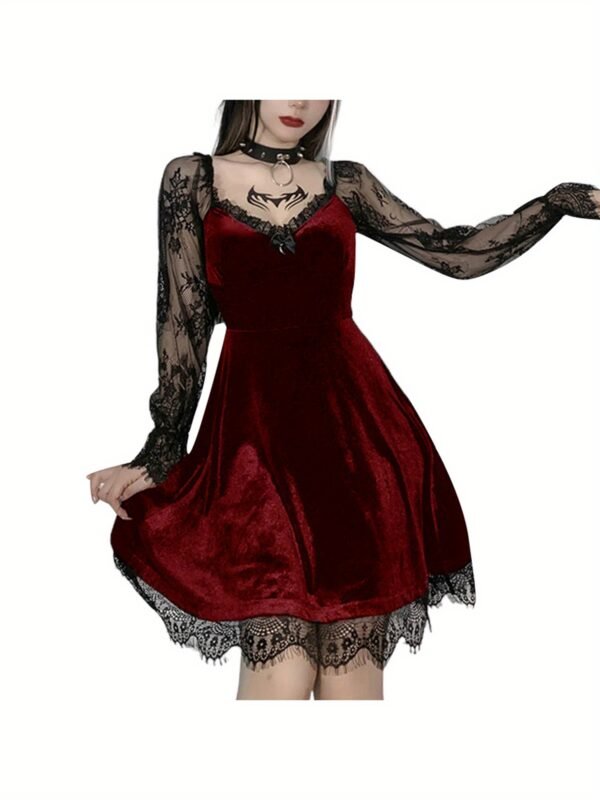 Women Dress, Solid Color Lace Stitching V-Neck Long Flare Sleeve One-Piece for Halloween Party - Image 2