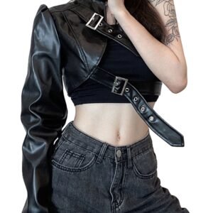 Women Punk Style Crop Tops, Cool Single Long Sleeve Neck Hanger Leather Belt Connected Tops, Women Clothing