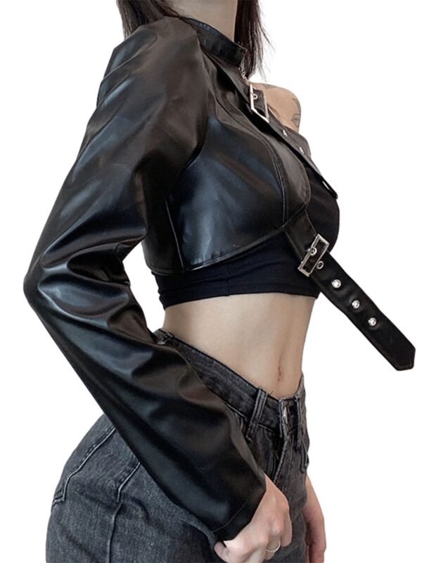 Women Punk Style Crop Tops, Cool Single Long Sleeve Neck Hanger Leather Belt Connected Tops, Women Clothing - Image 4