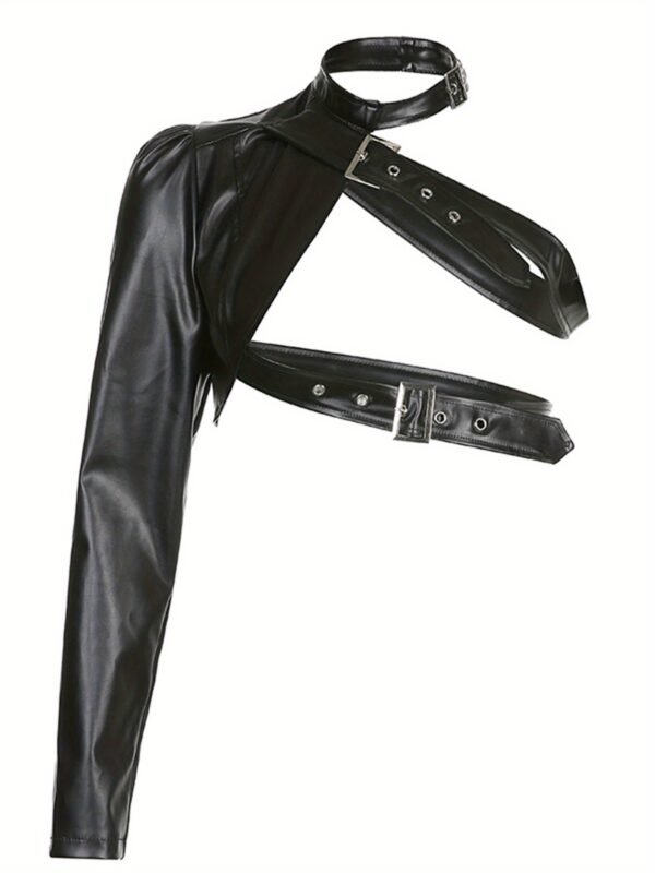 Women Punk Style Crop Tops, Cool Single Long Sleeve Neck Hanger Leather Belt Connected Tops, Women Clothing - Image 6