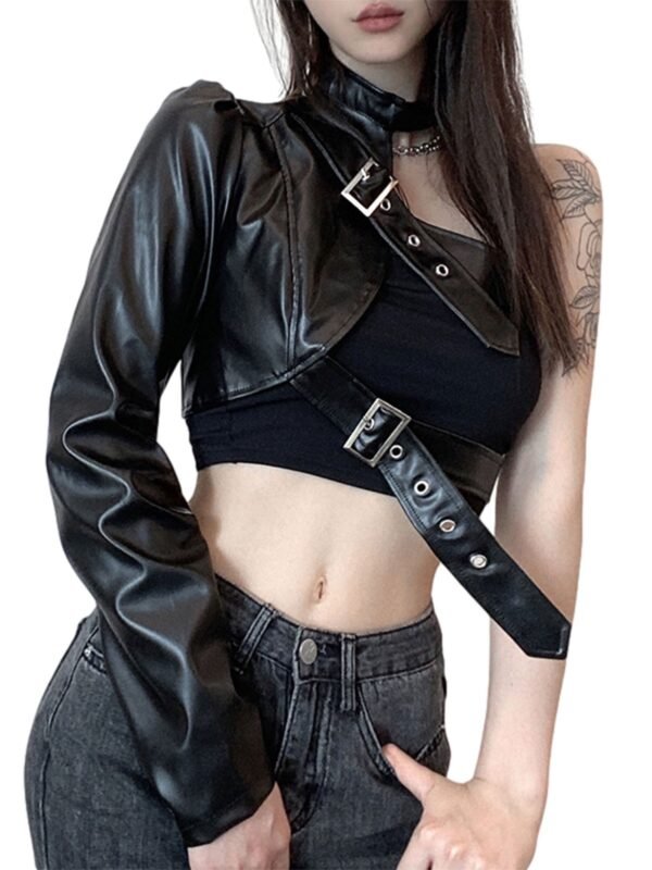 Women Punk Style Crop Tops, Cool Single Long Sleeve Neck Hanger Leather Belt Connected Tops, Women Clothing - Image 2