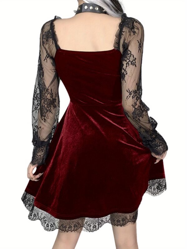 Women Dress, Solid Color Lace Stitching V-Neck Long Flare Sleeve One-Piece for Halloween Party - Image 3