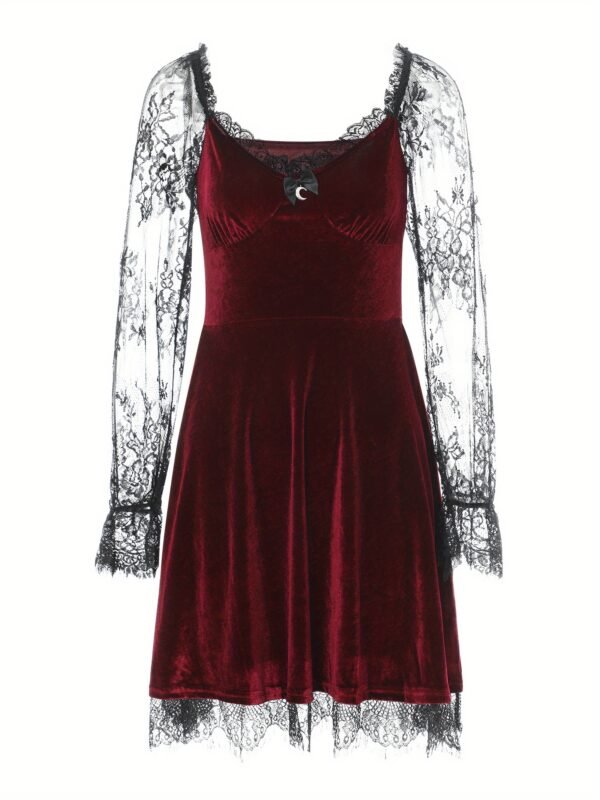 Women Dress, Solid Color Lace Stitching V-Neck Long Flare Sleeve One-Piece for Halloween Party - Image 4