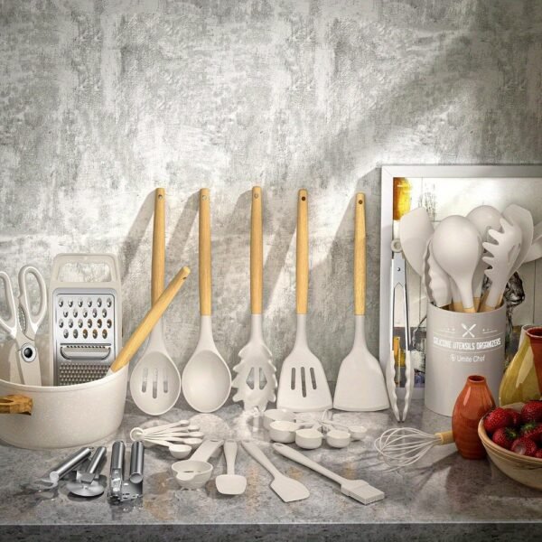 Chef Silicone Kitchen Utensil Set, 34PCS Heat Resistant Kitchen Gadgets and Tools With Grater, Wood Handles for Nonstick Cookware - Image 4